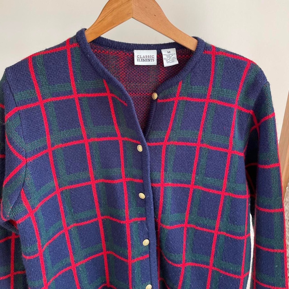 Vintage Plaid Gold Button Cardigan Sweater in Navy/Red/Green - Picture 3 of 4
